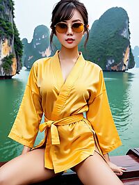 Asian woman with a bobbed hairdo stands in Ha Long Bay wearing karate robes