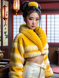 A young Mongolian woman 20 years old stands out in her bright yellow fur coat
