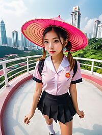 A petite Nepalese girl in a black school uniform wears a pink sun hat