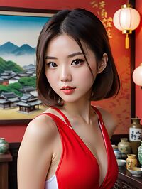 The Oriental girl wears a red swimsuit her short brown hair styled innocently